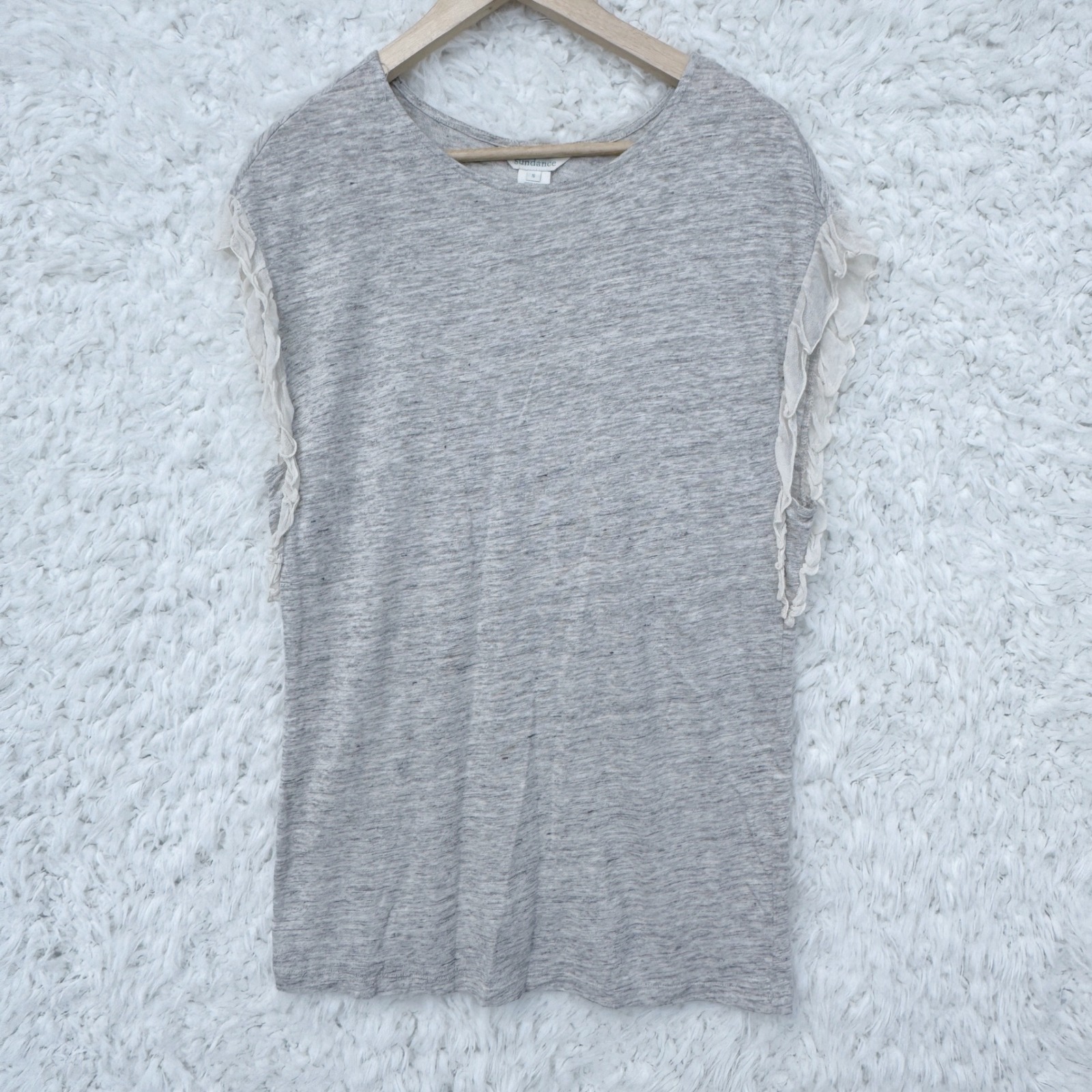 Sundance Womens Linen Top Size S Gray Short Sleeve Ruffle Casual Blouse Stretch